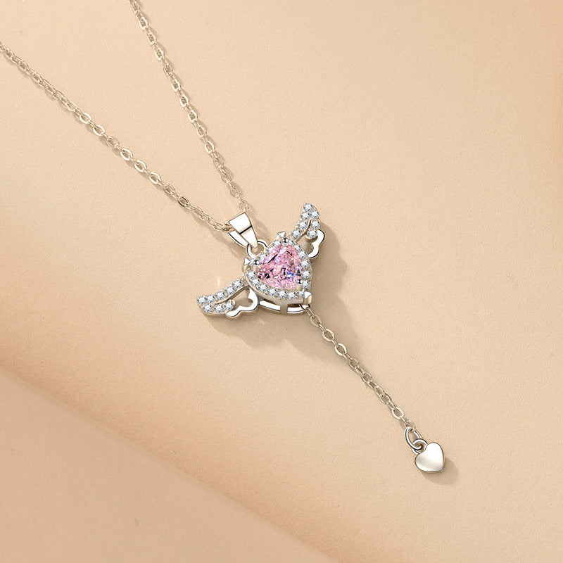 BTN Cupid Heart Angel Wings Necklace – Crystal Pendant with Tassel for Women - Baby Time Now