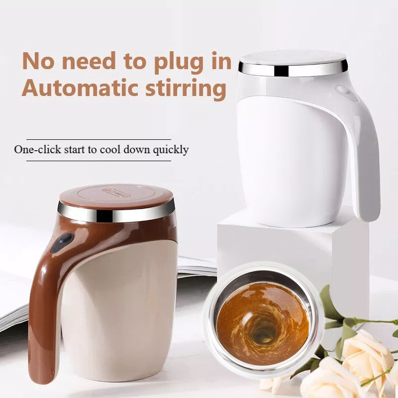 Rechargeable magnetic self-stirring coffee cup in white and brown with stainless steel interior
