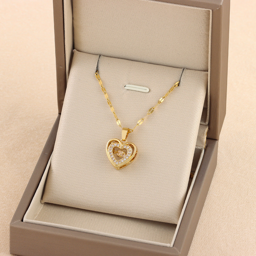 BTN Double-Layer Love Necklace – Rhinestone Titanium Steel Heart Pendant for Women - Baby Time Now