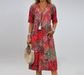 BTN Summer Ethnic Print Dress – V-Neck, Pockets, Half Sleeves, Holiday Style for Women - Baby Time Now