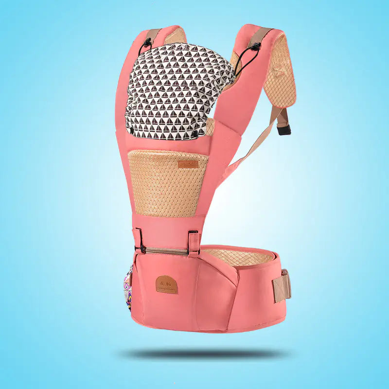 Multifunctional baby backpack carrier with waist stool, ergonomic design, lightweight 0.7kg, available in pink, dark brown, light blue, camouflage, and brick red colors