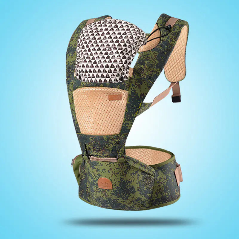 Multifunctional baby backpack carrier with waist stool, ergonomic design, lightweight 0.7kg, available in pink, dark brown, light blue, camouflage, and brick red colors
