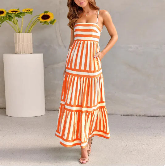 BTN Striped Backless Sling Maxi Dress – Women’s Summer Maxi with Pockets, S–XL - Baby Time Now