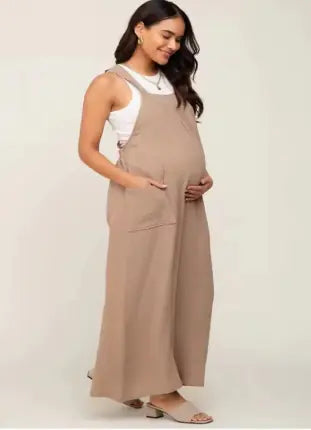 Wide leg maternity overalls with adjustable lace-up front, soft breathable fabric, stylish beige color for pregnant women