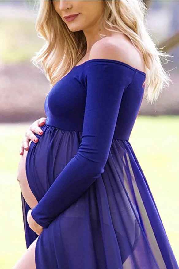 Pregnant Women’s Chiffon Maternity Photoshoot Dress – Flowing Maxi Portrait Gown for Baby Shower & Pregnancy Style