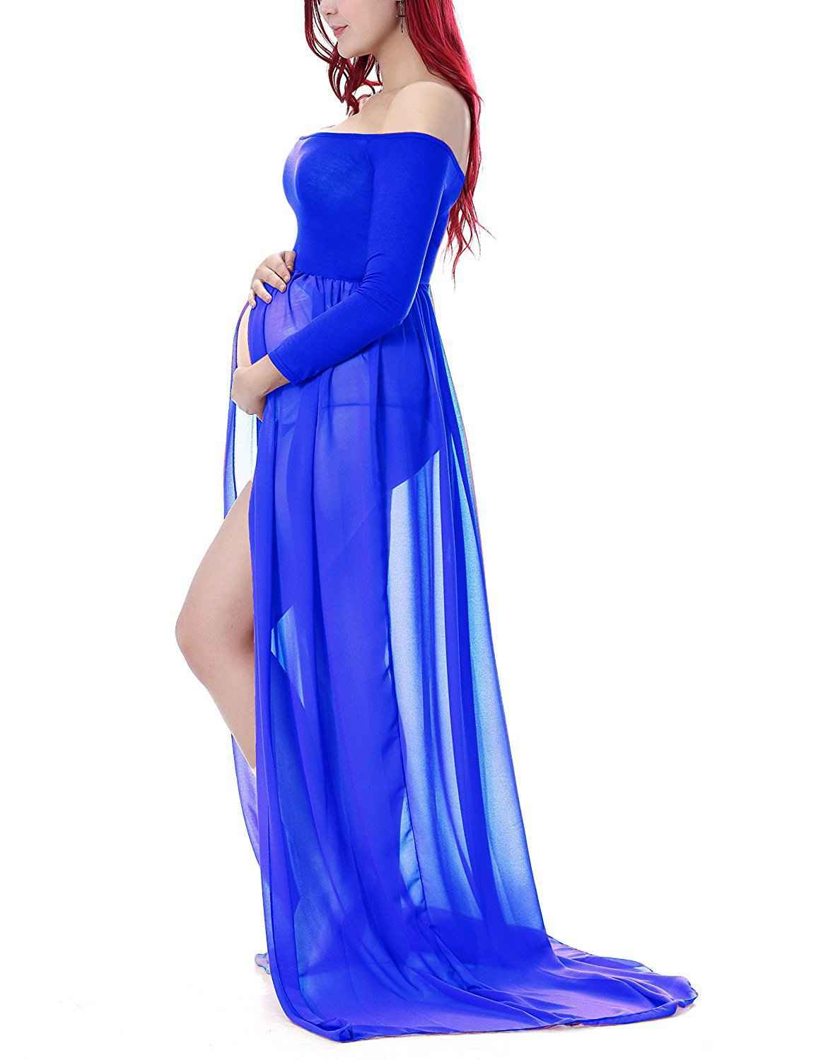 Pregnant Women’s Chiffon Maternity Photoshoot Dress – Flowing Maxi Portrait Gown for Baby Shower & Pregnancy Style