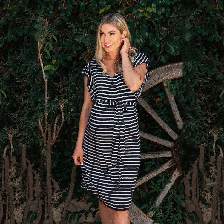 Striped knit maternity dress with polo collar – breathable cotton pregnancy wear in 5 colors, sizes S to 4XL
