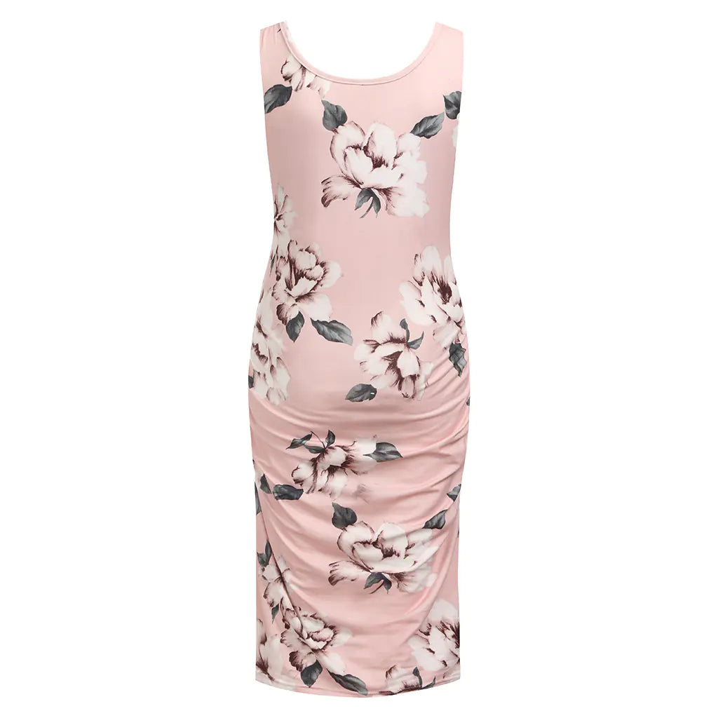 Floral sleeveless maternity dress in pink and green – breathable cotton blend pregnancy dress for women, sizes S to XXL