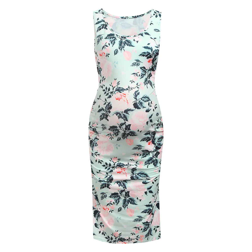 Floral sleeveless maternity dress in pink and green – breathable cotton blend pregnancy dress for women, sizes S to XXL