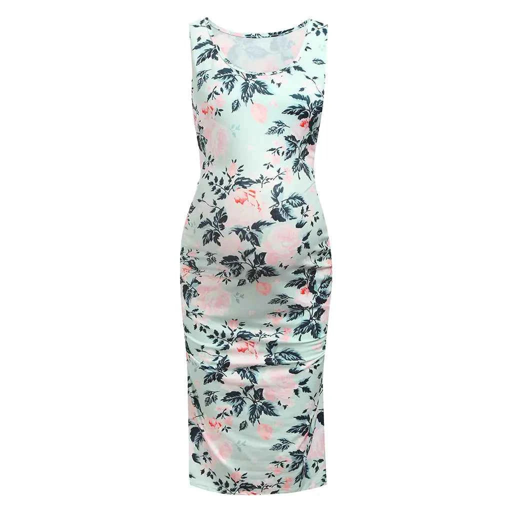 Floral Sleeveless Maternity Dress – Printed Cotton Blend Pregnancy Dress for Women, S–XXL, Pink & Green, Stylish & Breathable